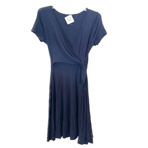 Blue faux wrap side tie short sleeve knit dress size M
